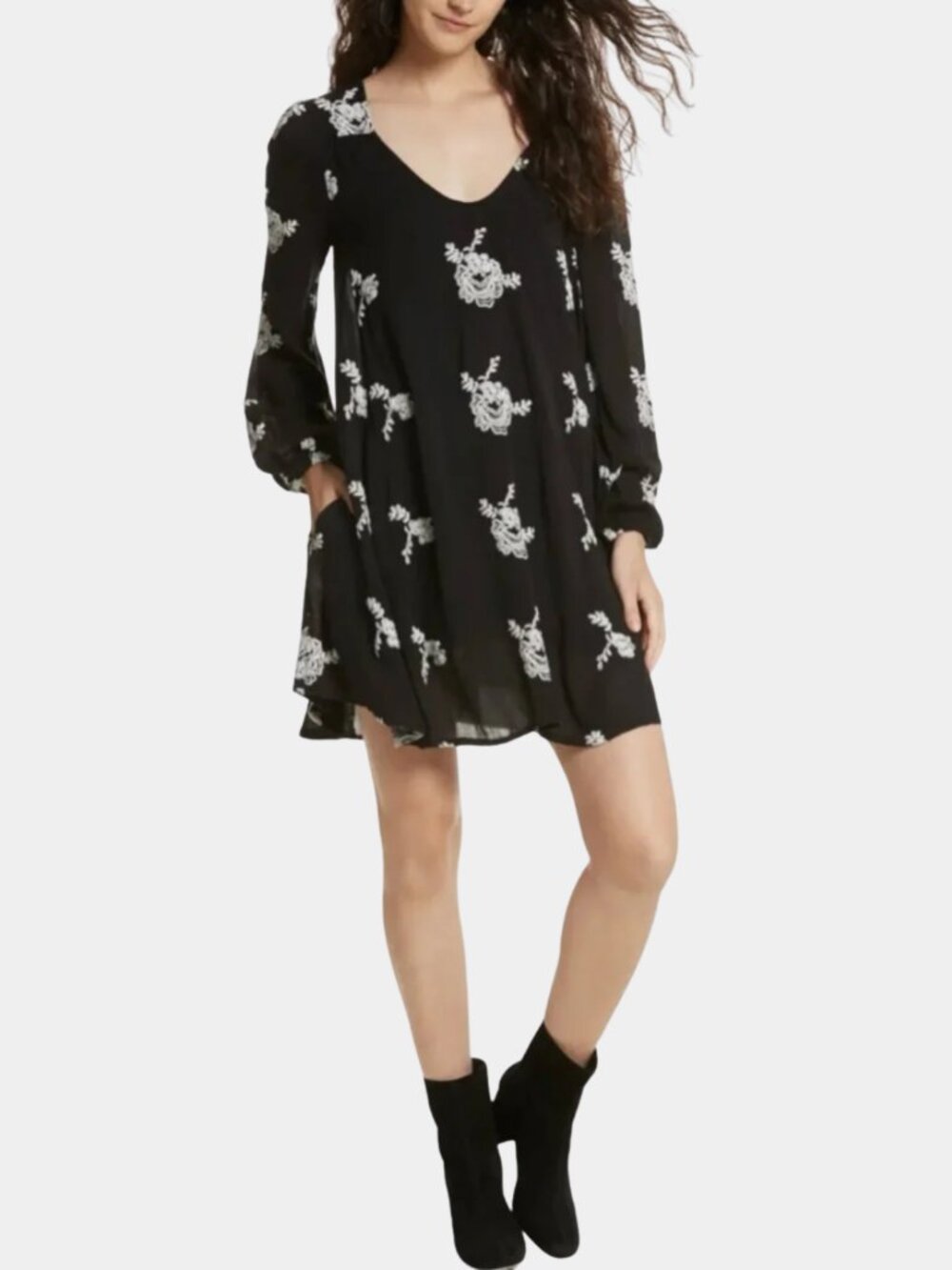 Free People Emma Embroidered Swing Dress XS Black Floral Boho Mini Folk Western